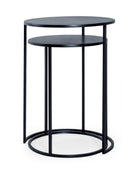 Black metal side table with two shelves on a white background