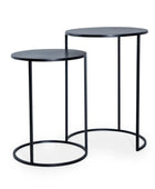 Black metal side table with two round shelves on a white background