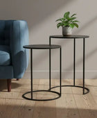 Two black side tables with a plant in a living room setting.