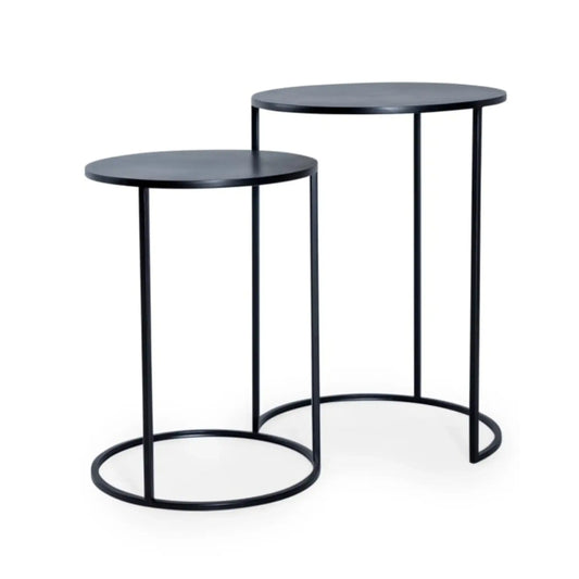 Black metal side table with two round shelves on a white background