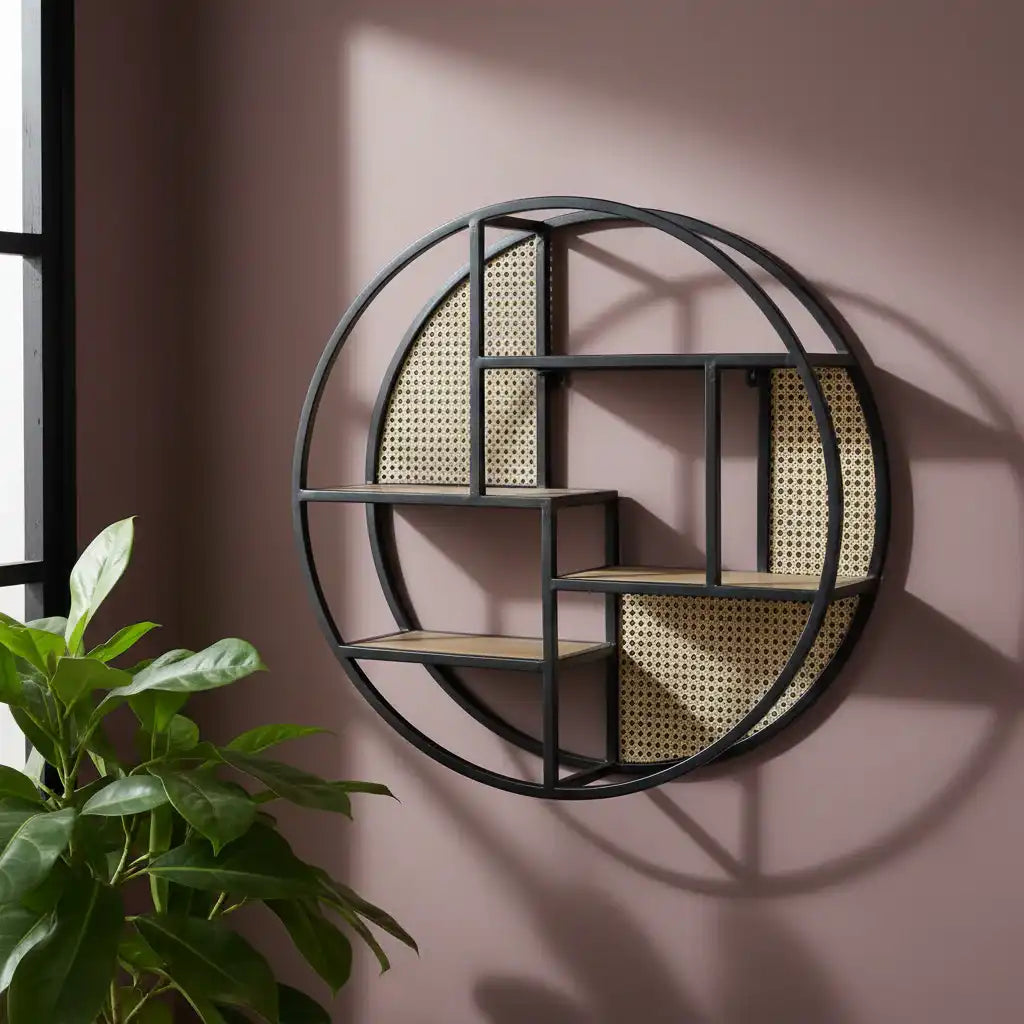 Black Metal, Wood & Rattan Display Shelves 1