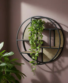 Black Metal, Wood & Rattan Display Shelves