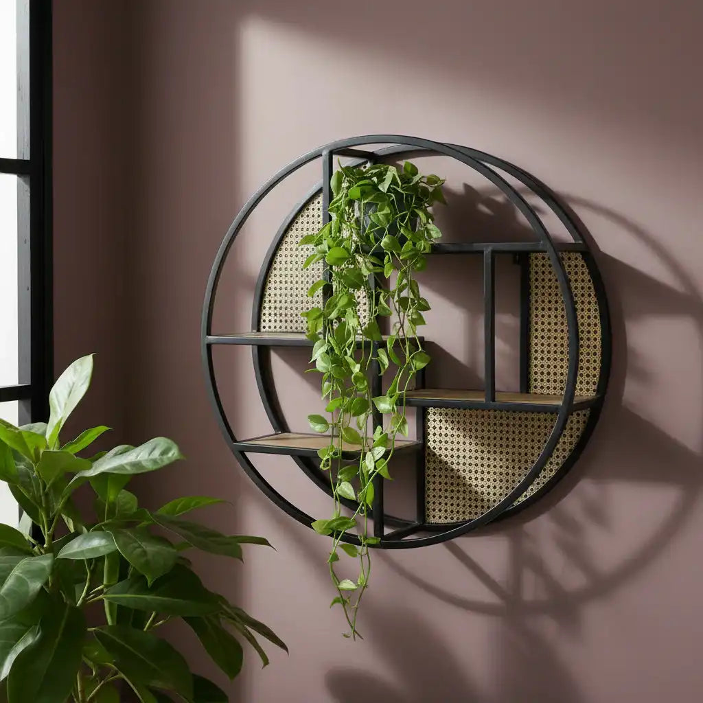 Black Metal, Wood & Rattan Display Shelves