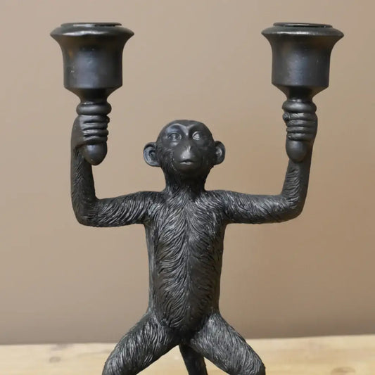 Black monkey-shaped candle holder against a teal background