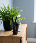 A matte black hand sculpture making a peace sign, displayed on a light oak wooden sideboard next to a potted green fern in a dark pot, set against a soft blue-gray wall background.