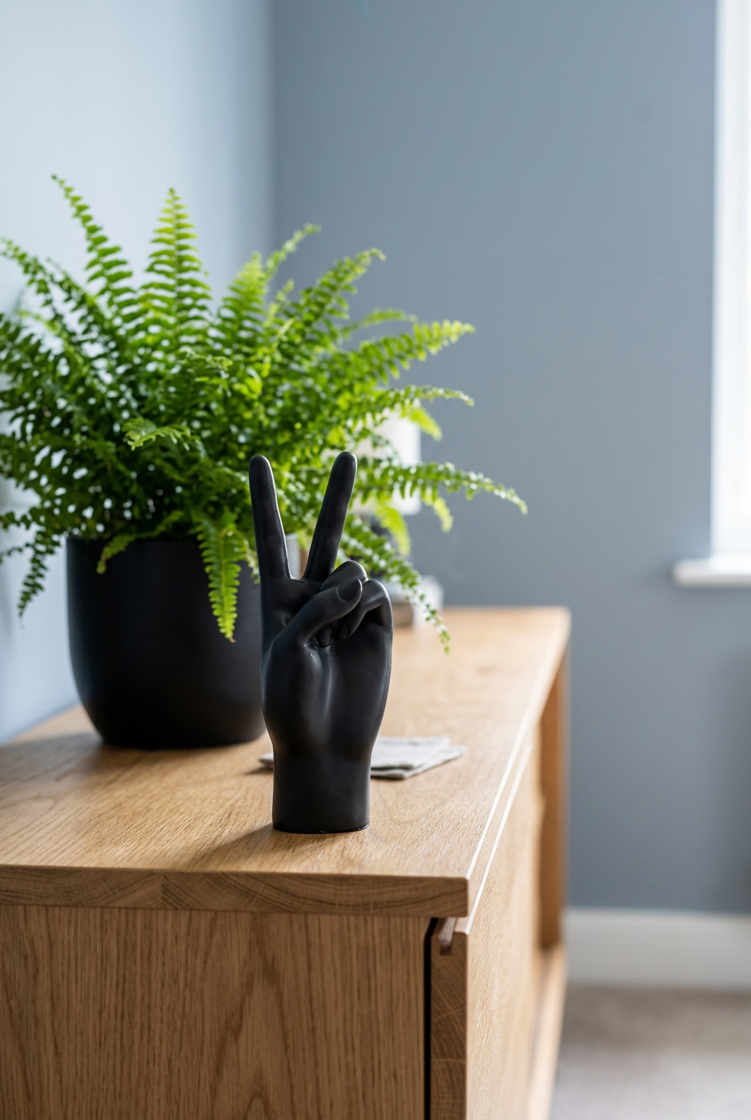 A matte black hand sculpture making a peace sign, displayed on a light oak wooden sideboard next to a potted green fern in a dark pot, set against a soft blue-gray wall background.