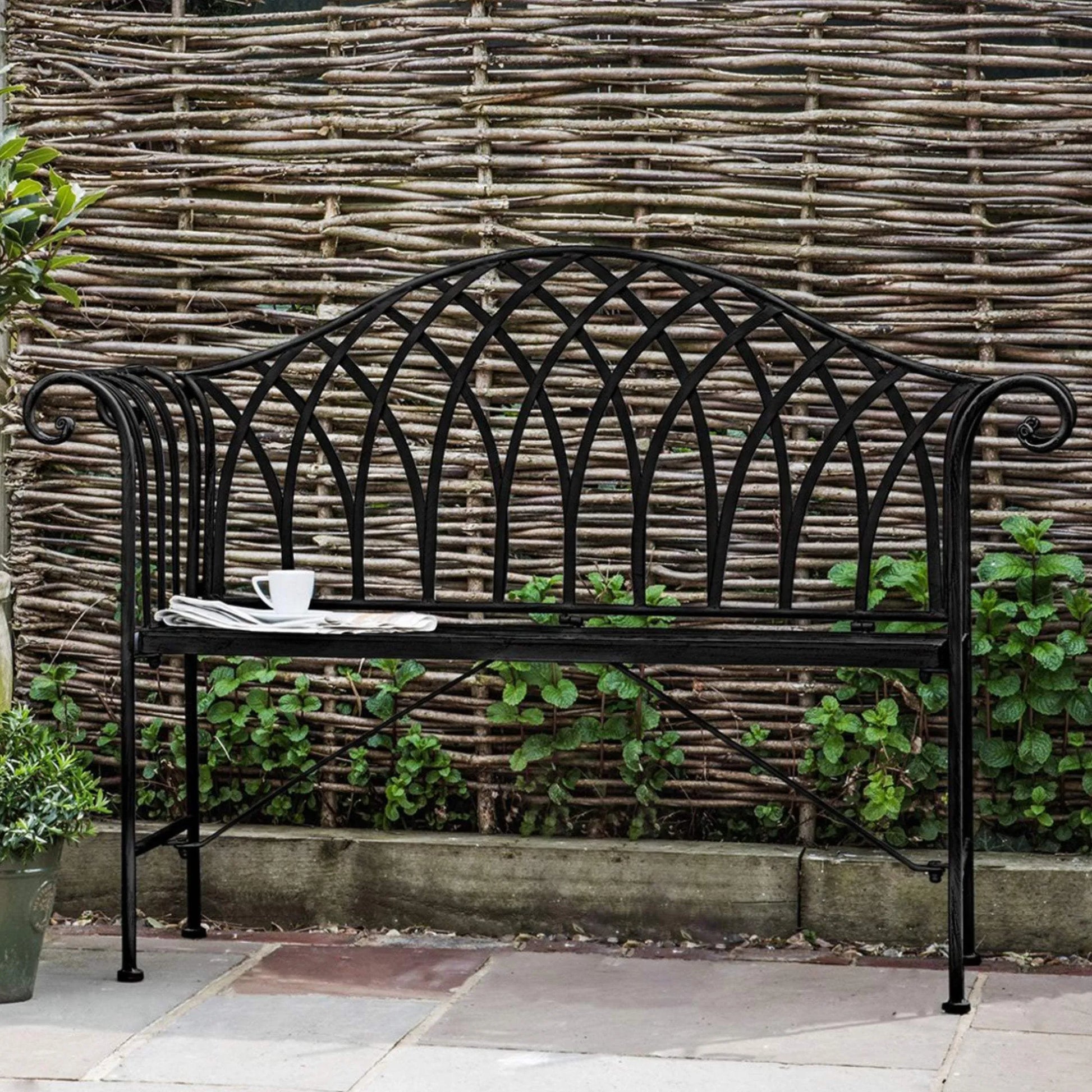 Black Scrolled Arm Metal Garden Bench - The Farthing