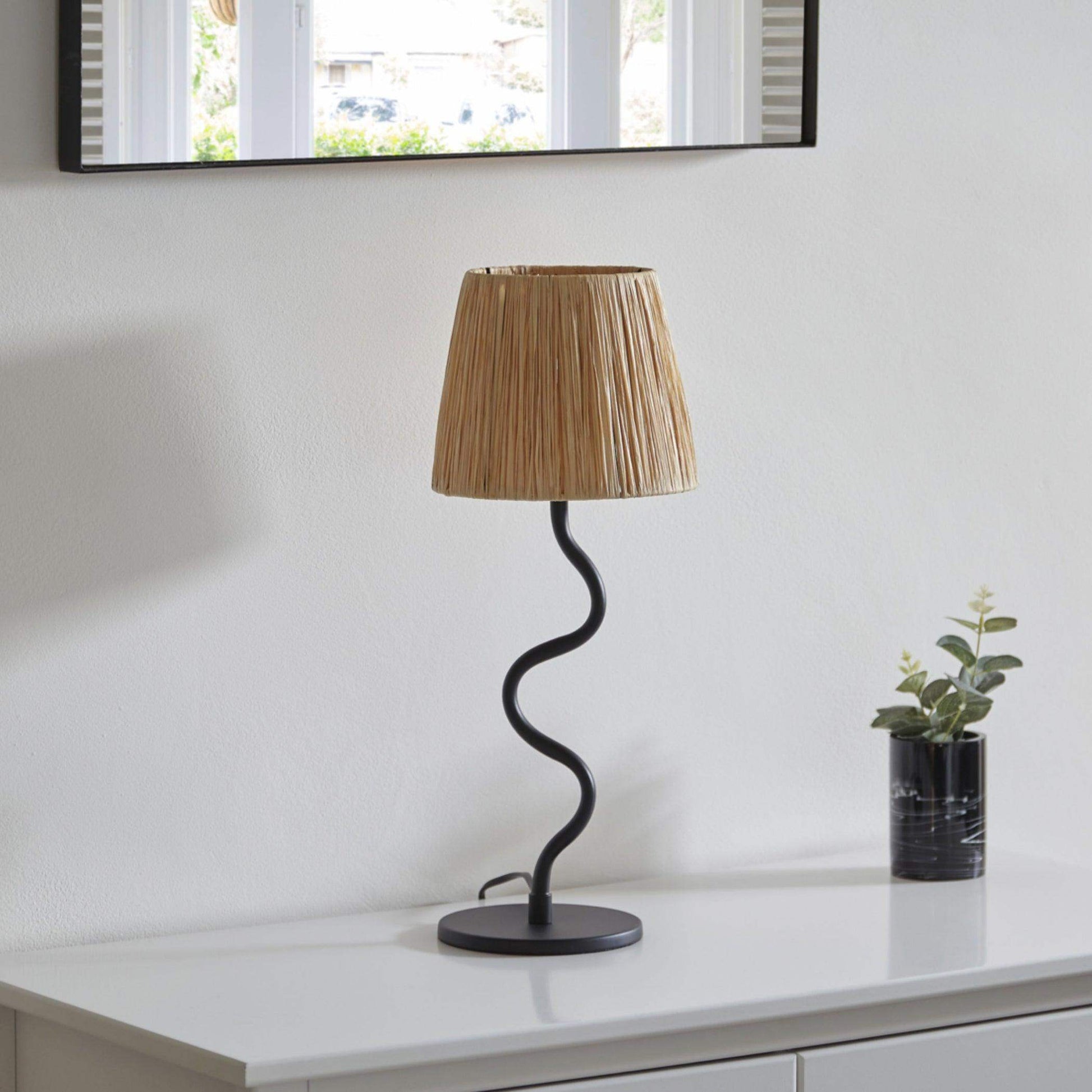 Black Slim Wiggle Table Lamp & Raffia Shade - The Farthing