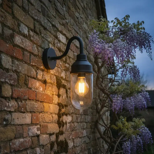 Black wall-mounted outdoor light fixture with clear glass shade on a light gray wall.