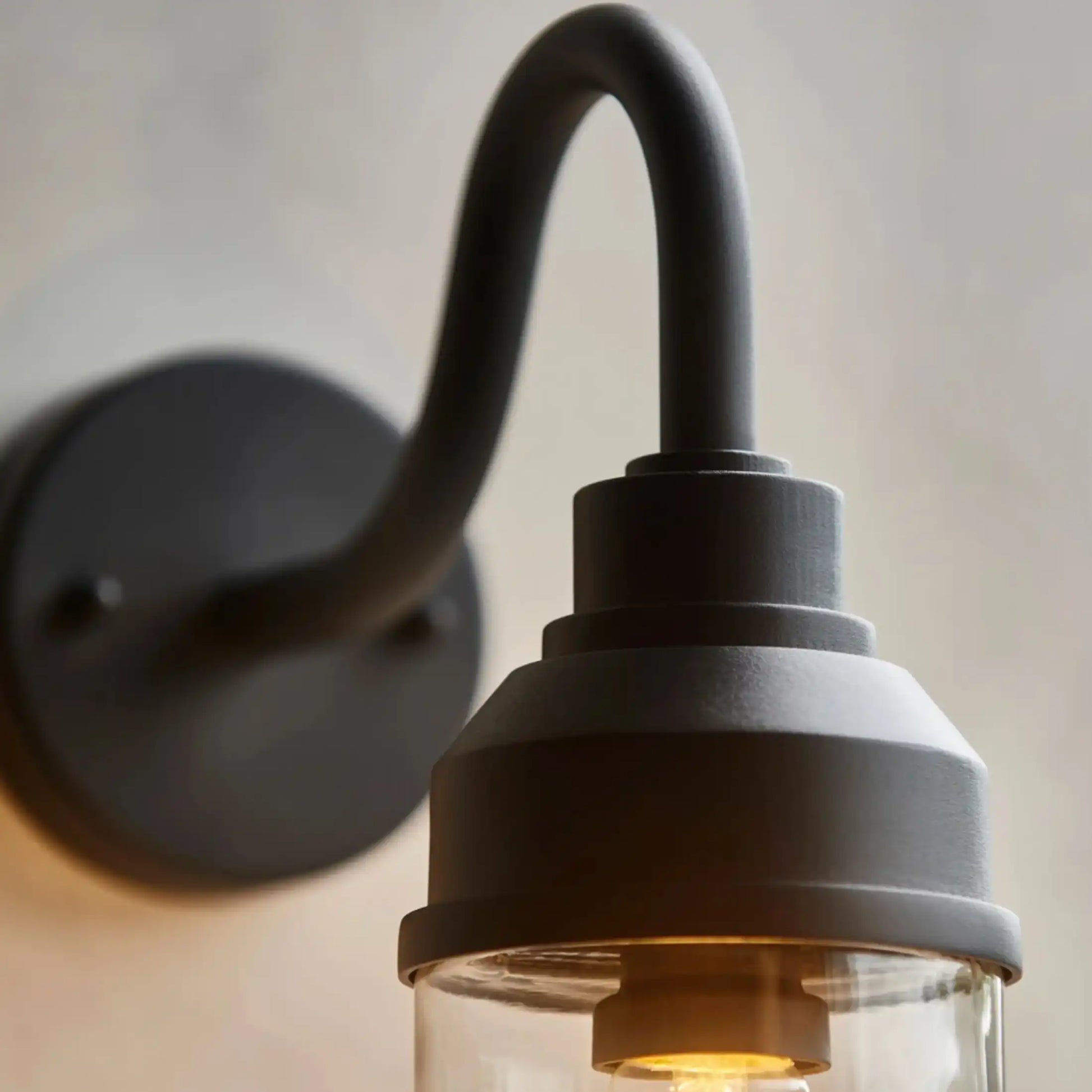 Black wall-mounted light fixture with clear glass shade on a neutral background