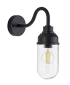 Black wall-mounted light fixture with clear glass shade on a white background