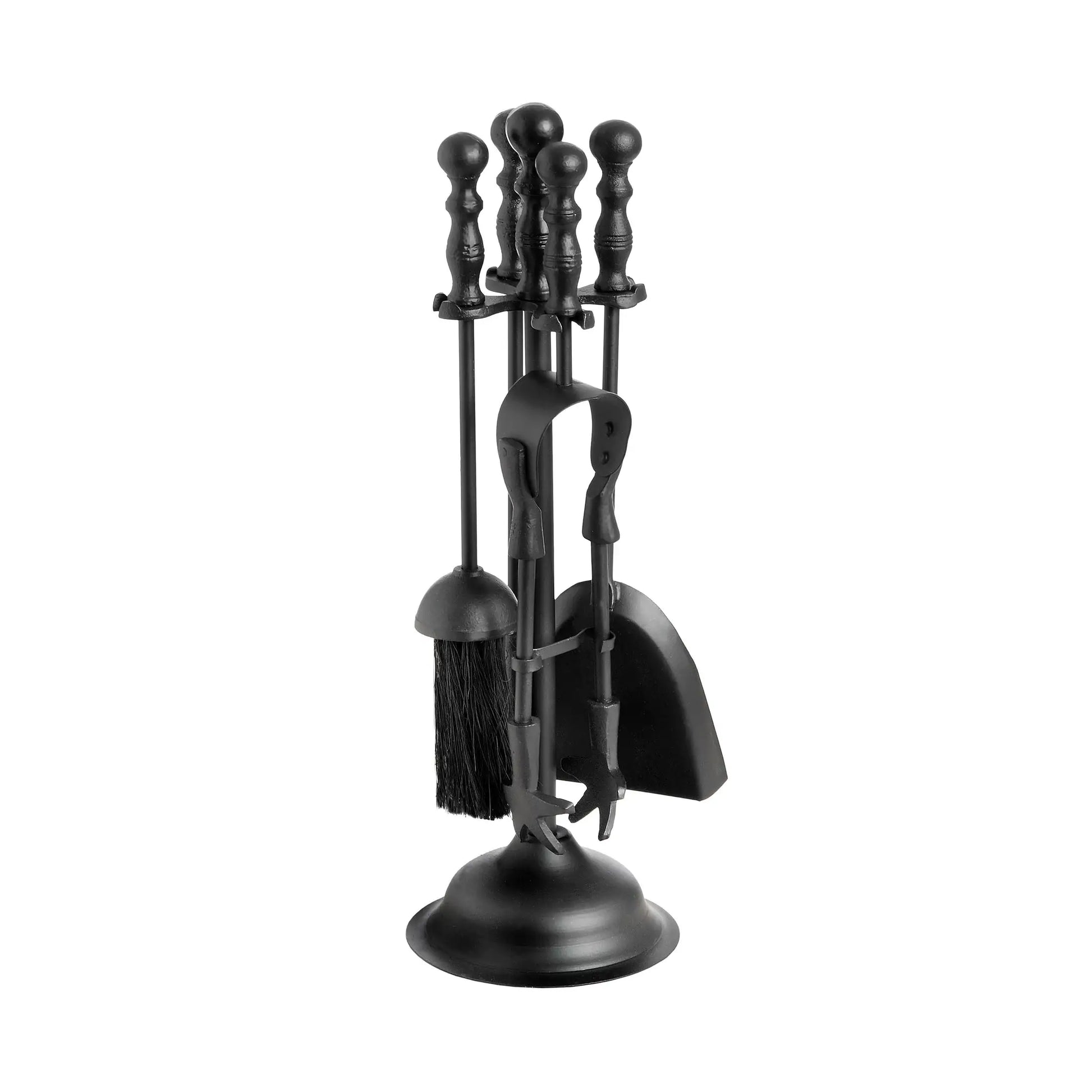 Black fireplace tool set with broom, shovel, and tongs on a white background