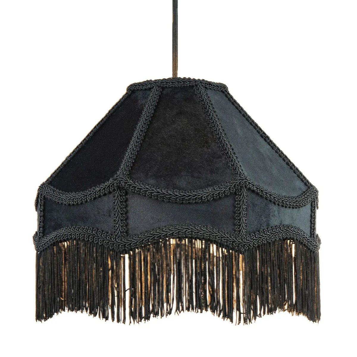 A black fabric pendant lampshade with intricate braided trim and a long fringe hanging from the bottom, suspended by a thin black cord against a plain white background.