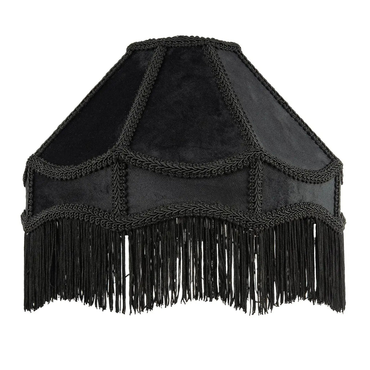 Black velvet and suede lampshade with intricate braided trim and a long fringe hanging from the bottom, shown against a plain white background.