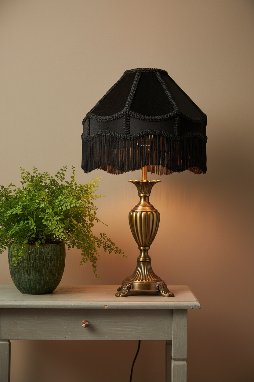 A classic table lamp with a black fringed fabric shade and an ornate gold-toned metal base, styled on a light gray wooden table next to a green potted fern against a warm beige wall.