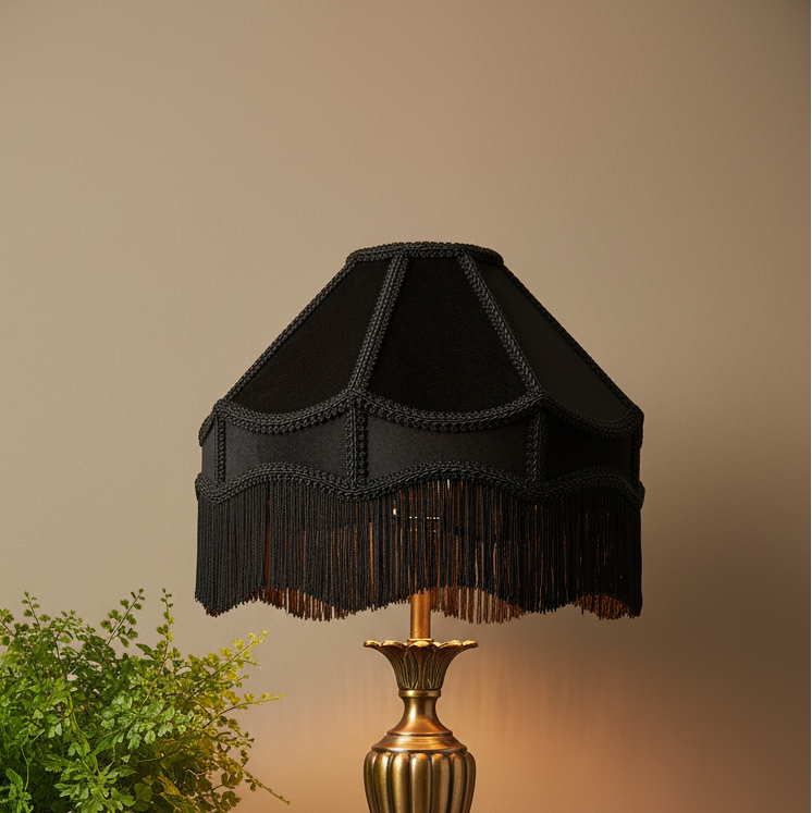 A black fabric lampshade with decorative trim and fringe, mounted on a gold-toned lamp base against a warm beige wall, with a small green plant at the lower left.