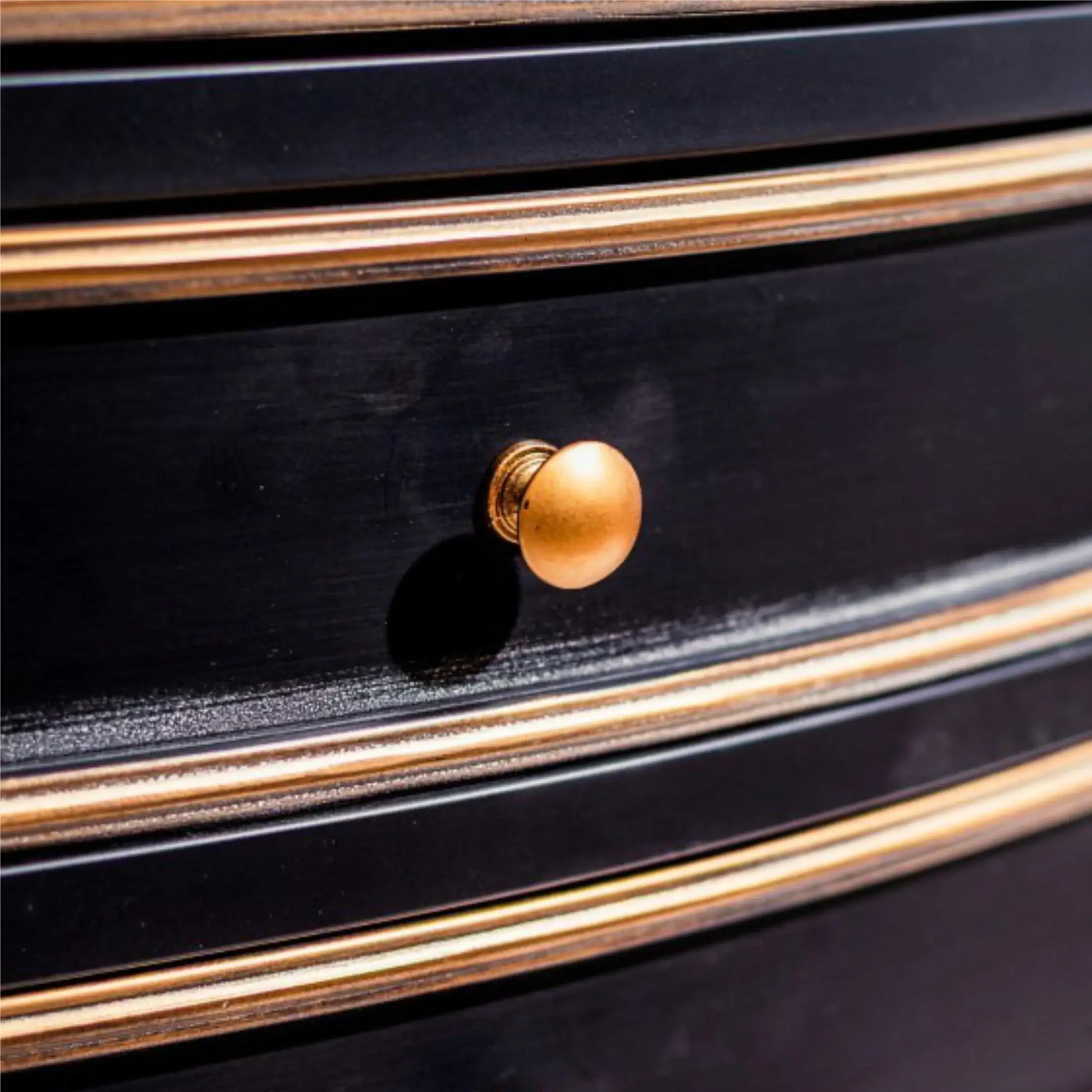 Black drawer with gold accents and a gold knob