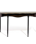 Wooden console table with black legs on a white background