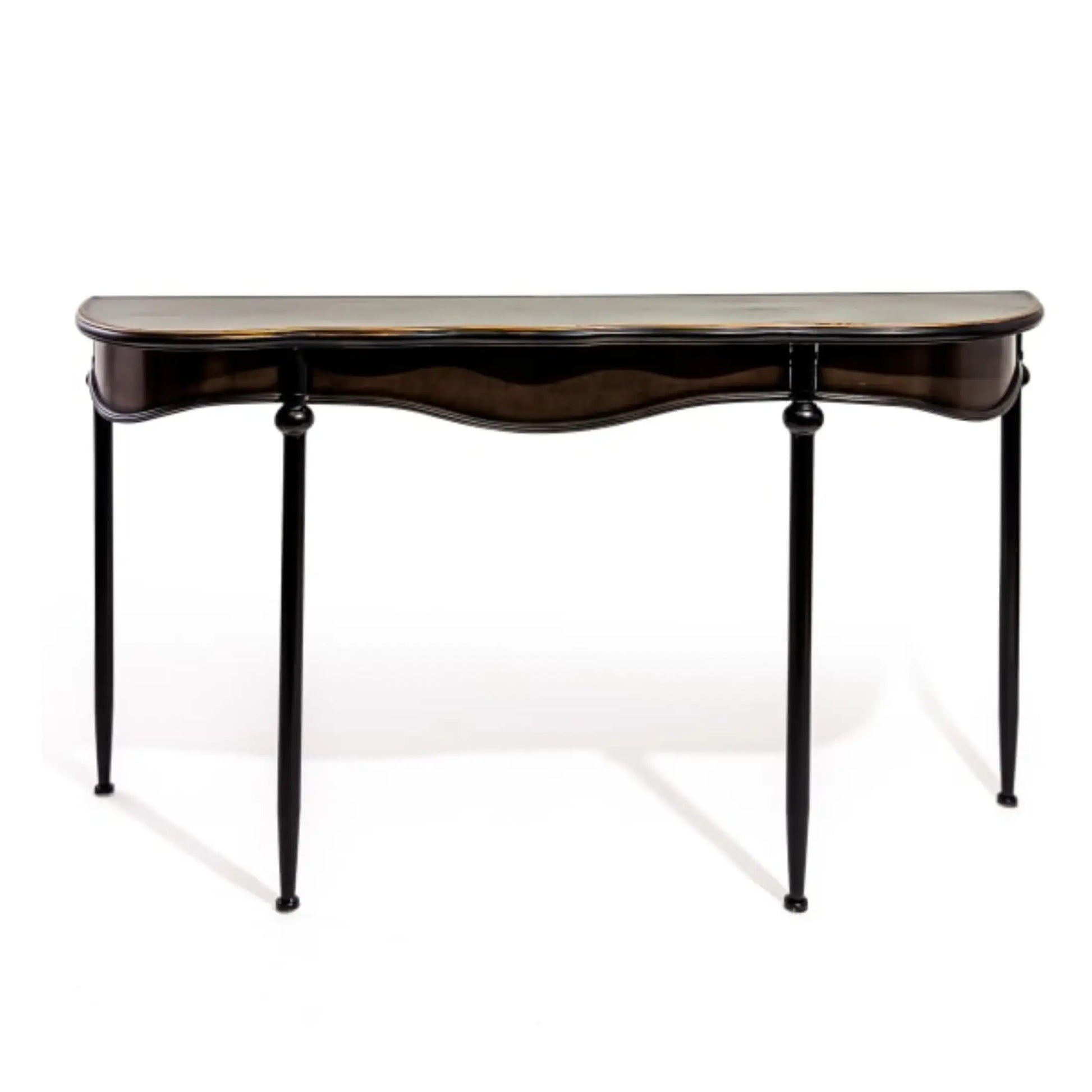 Wooden console table with black legs on a white background