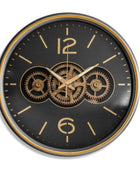 Wall clock with mechanical gear design on a black face