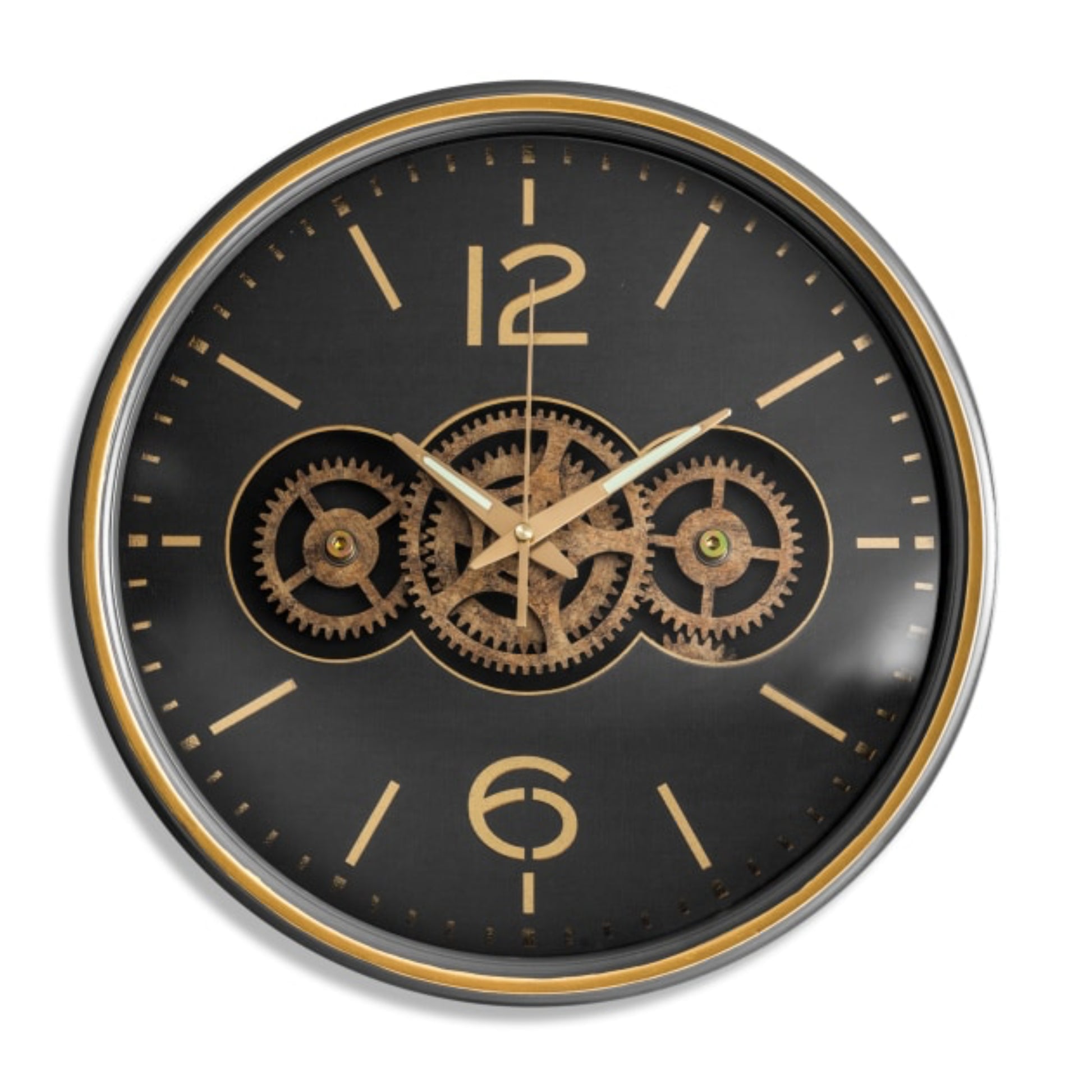 Wall clock with mechanical gear design on a black face