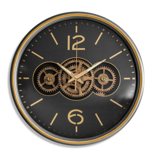 Wall clock with mechanical gear design on a black face
