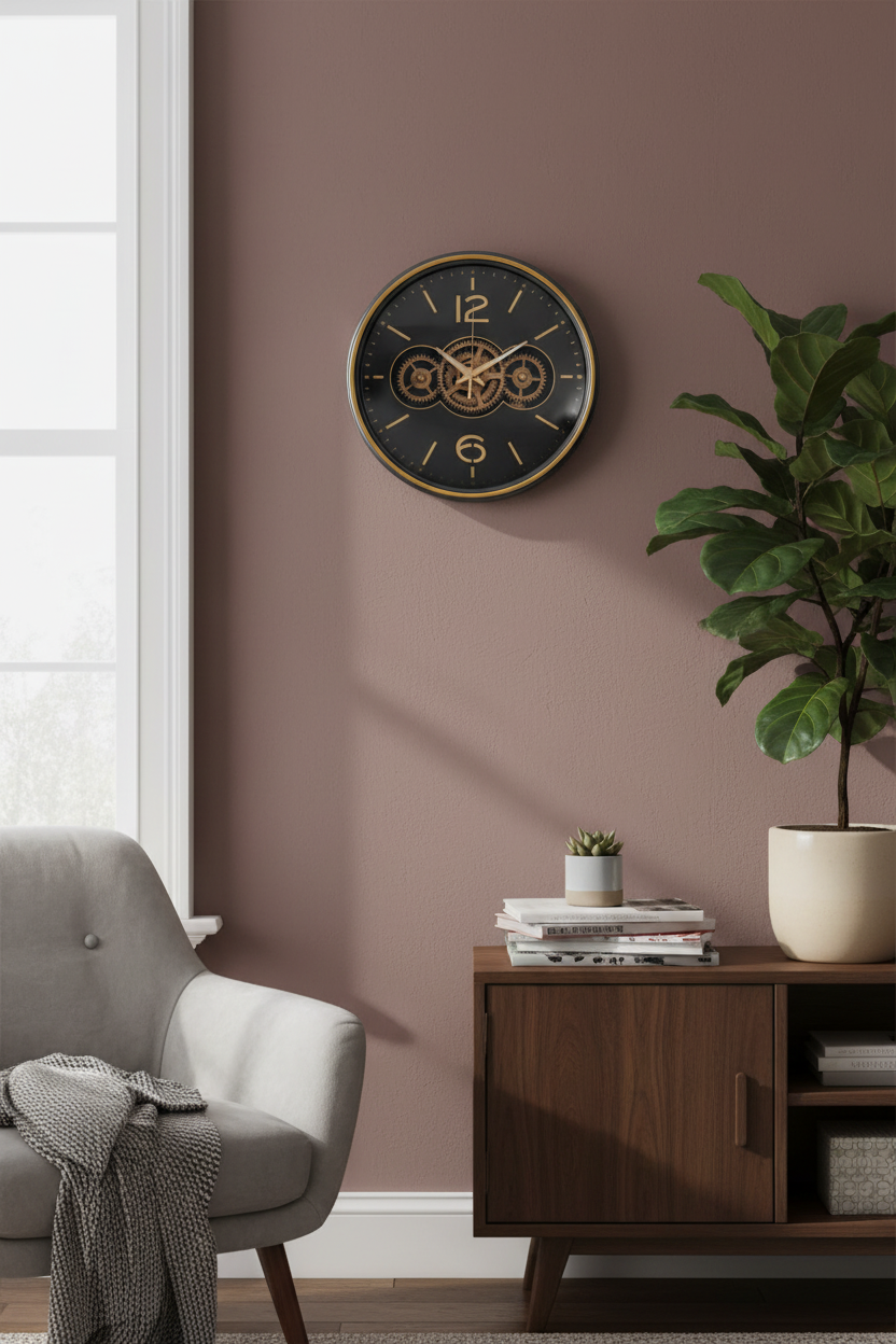 Wall clock on a brown wall with a gray armchair and wooden cabinet in the foreground
