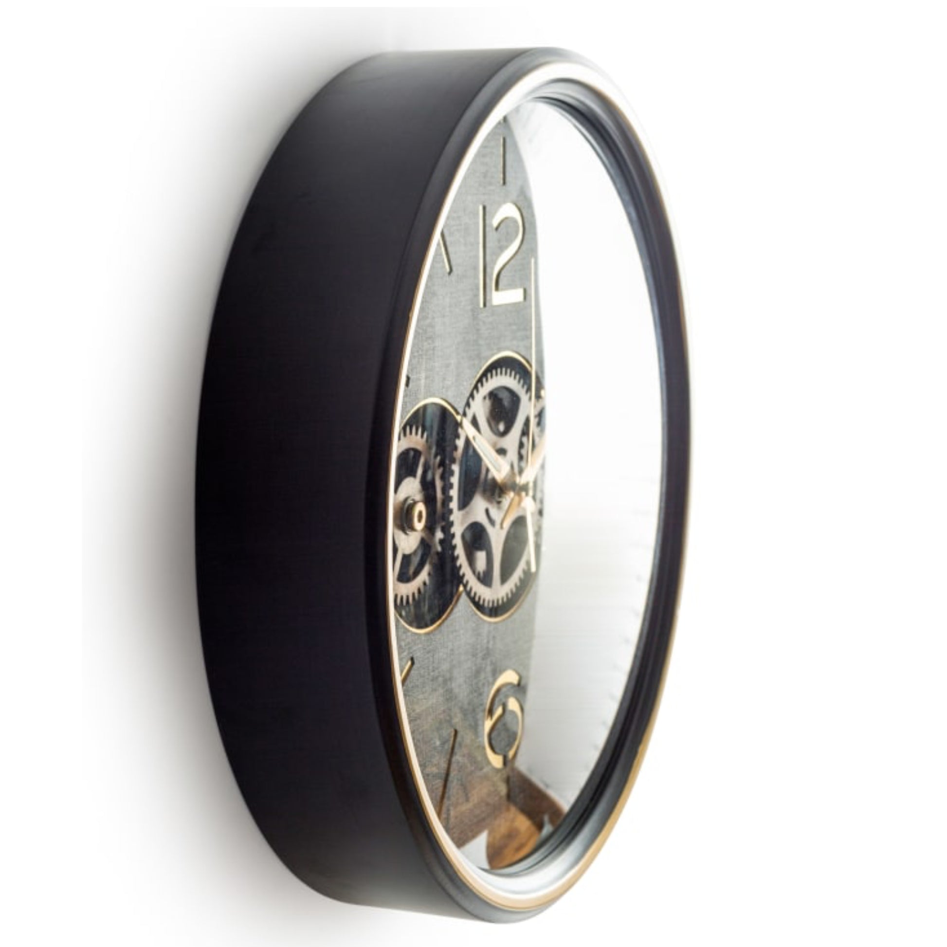 Wall clock with black casing and visible gears on a white background