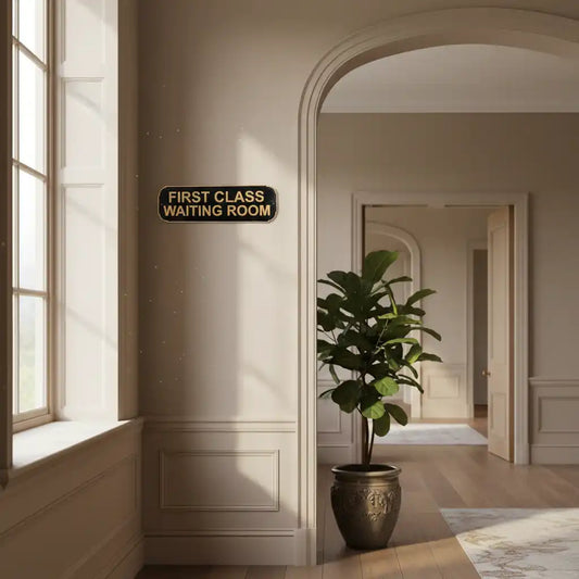 Decorative sign reading 'First Class Waiting Room' in a stylish interior setting with a plant and window.