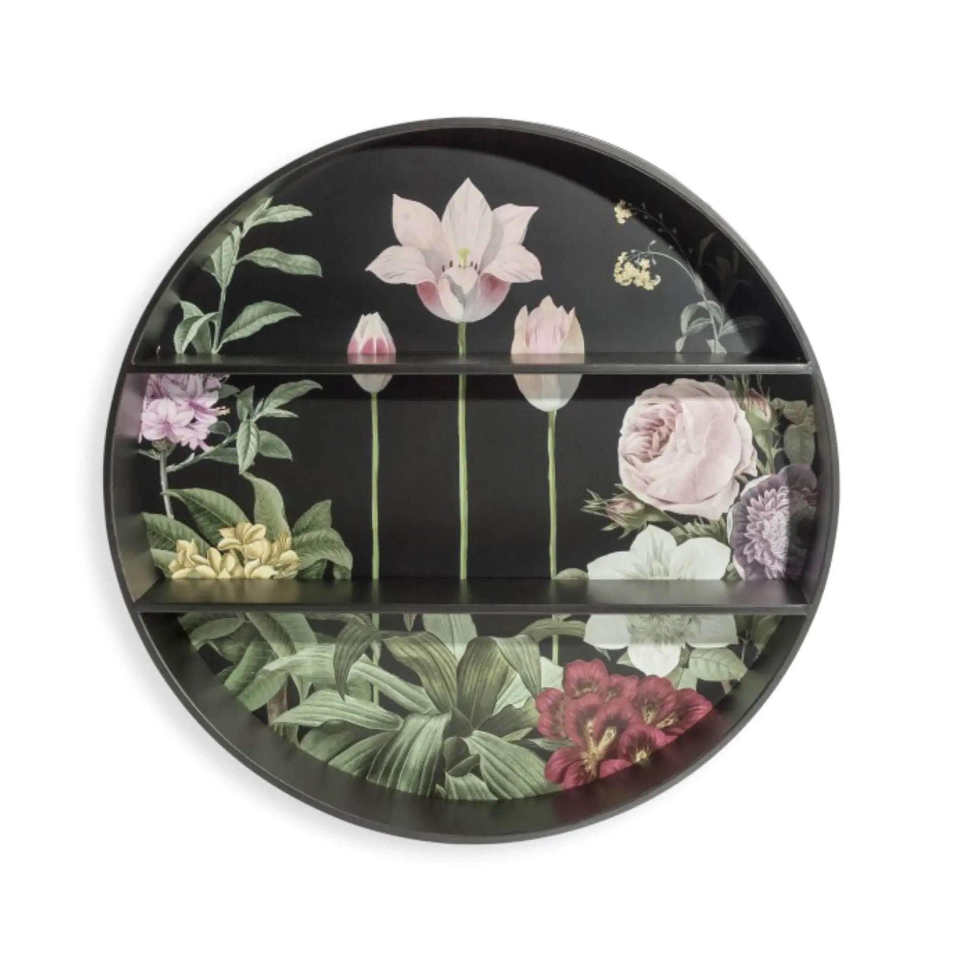Round decorative shelf with floral designs on a black background