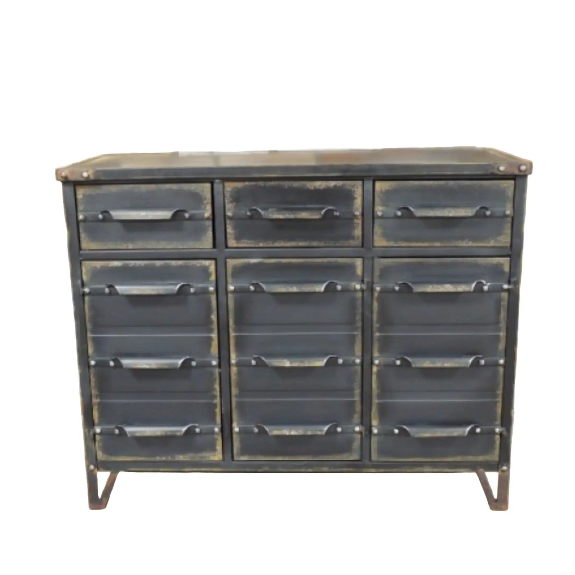 Industrial-style metal dresser with multiple drawers against a brick wall.