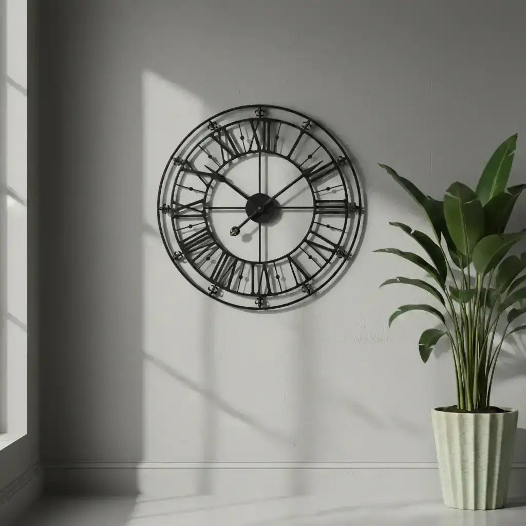 Large wall clock with Roman numeral design on a gray wall next to a potted plant.
