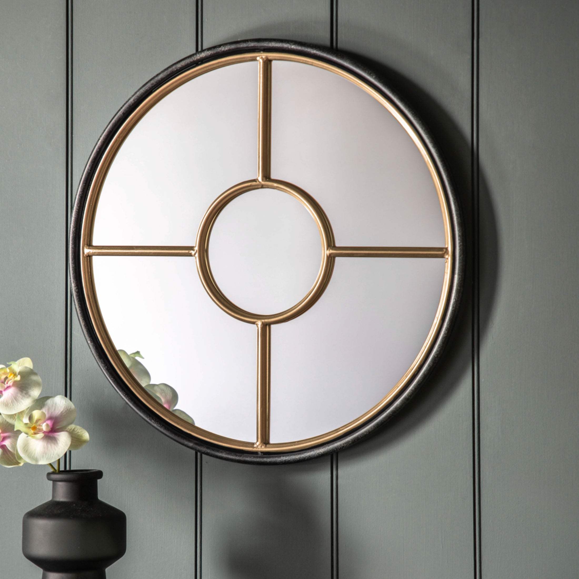 Black and Gold Framed Round Window Mirror - The Farthing