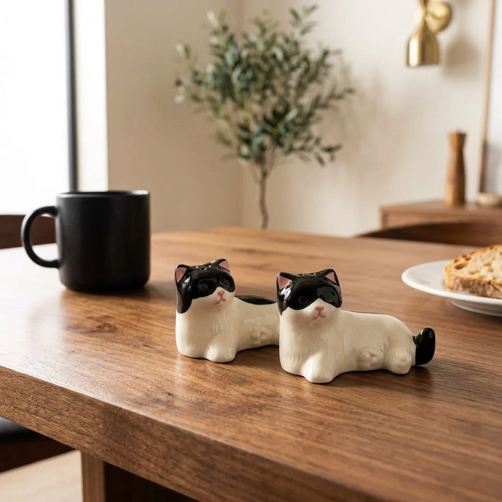Black and White Cat Ceramic Salt and Pepper Shakers