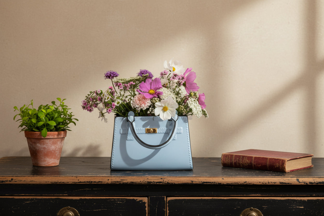 Blue handbag filled with flowers on a white background