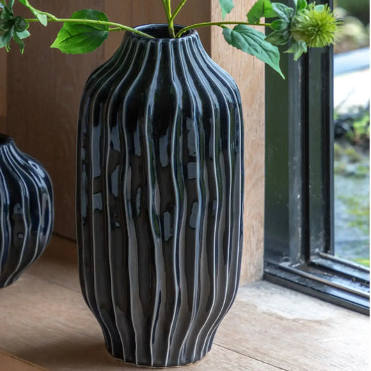 Blue Ceramic Ripple Ribbed Vase 4