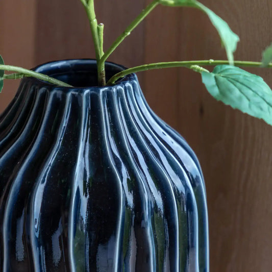 Blue Ceramic Ripple Ribbed Vase