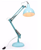 Light blue desk lamp with a flexible arm on a white background