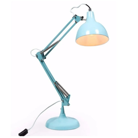Light blue desk lamp with a flexible arm on a white background