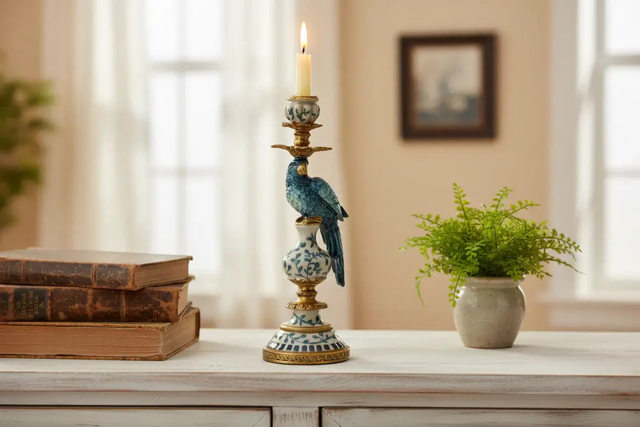 Decorative candlestick with a bird figurine on a table with books and a plant.