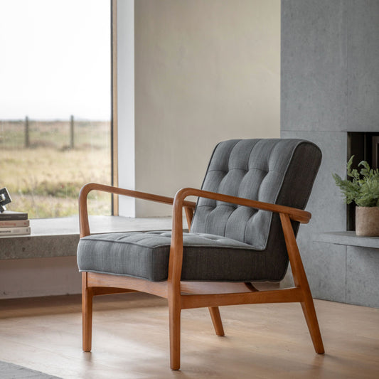 Blue Grey Linen Mid Century Inspired Arm Chair FARTHING  1