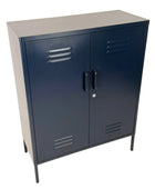 Metal cabinet with blue doors on a white background