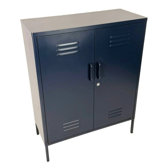 Metal cabinet with blue doors on a white background