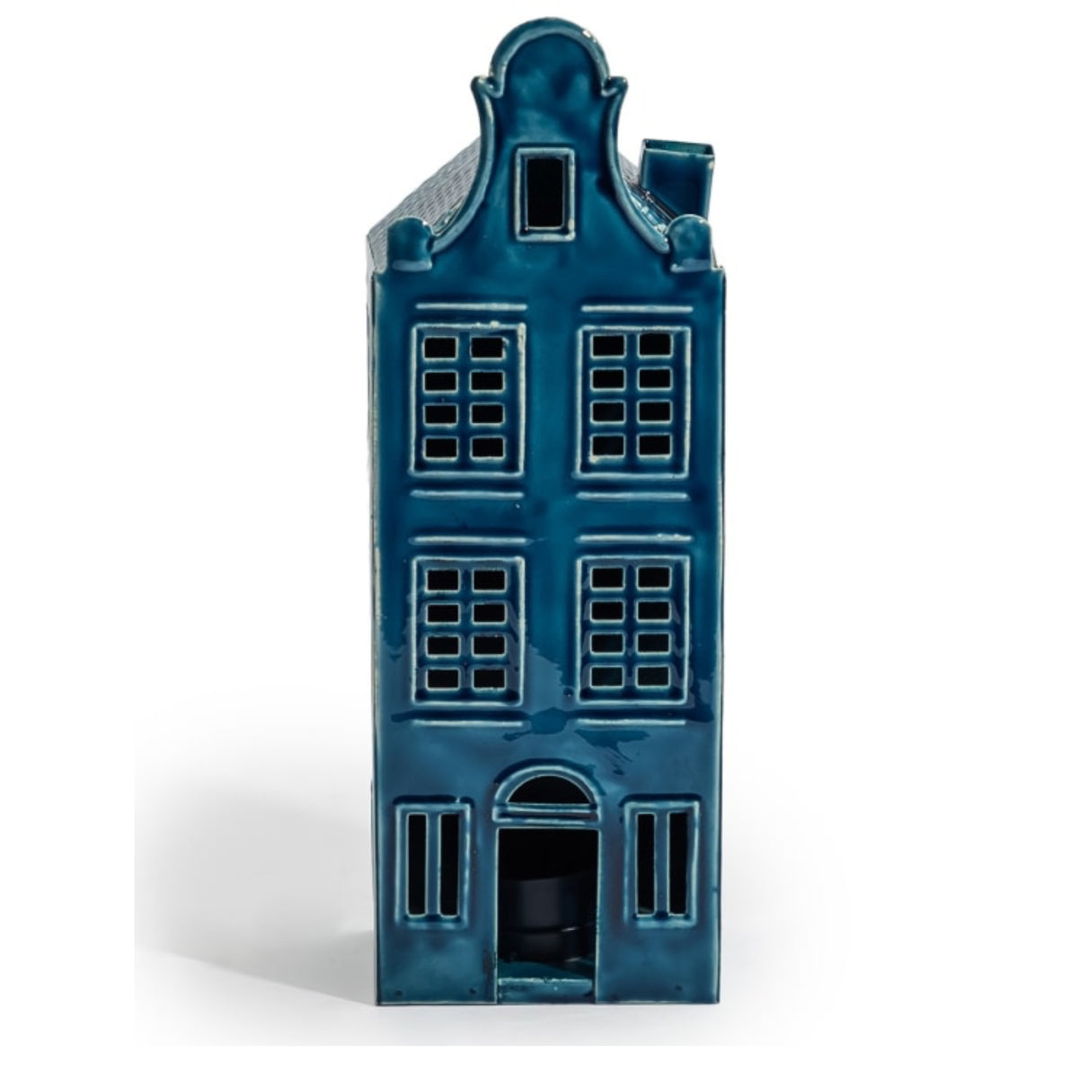 A glossy blue ceramic Dutch house figurine with detailed window patterns and a gabled roof, set against a plain white background.