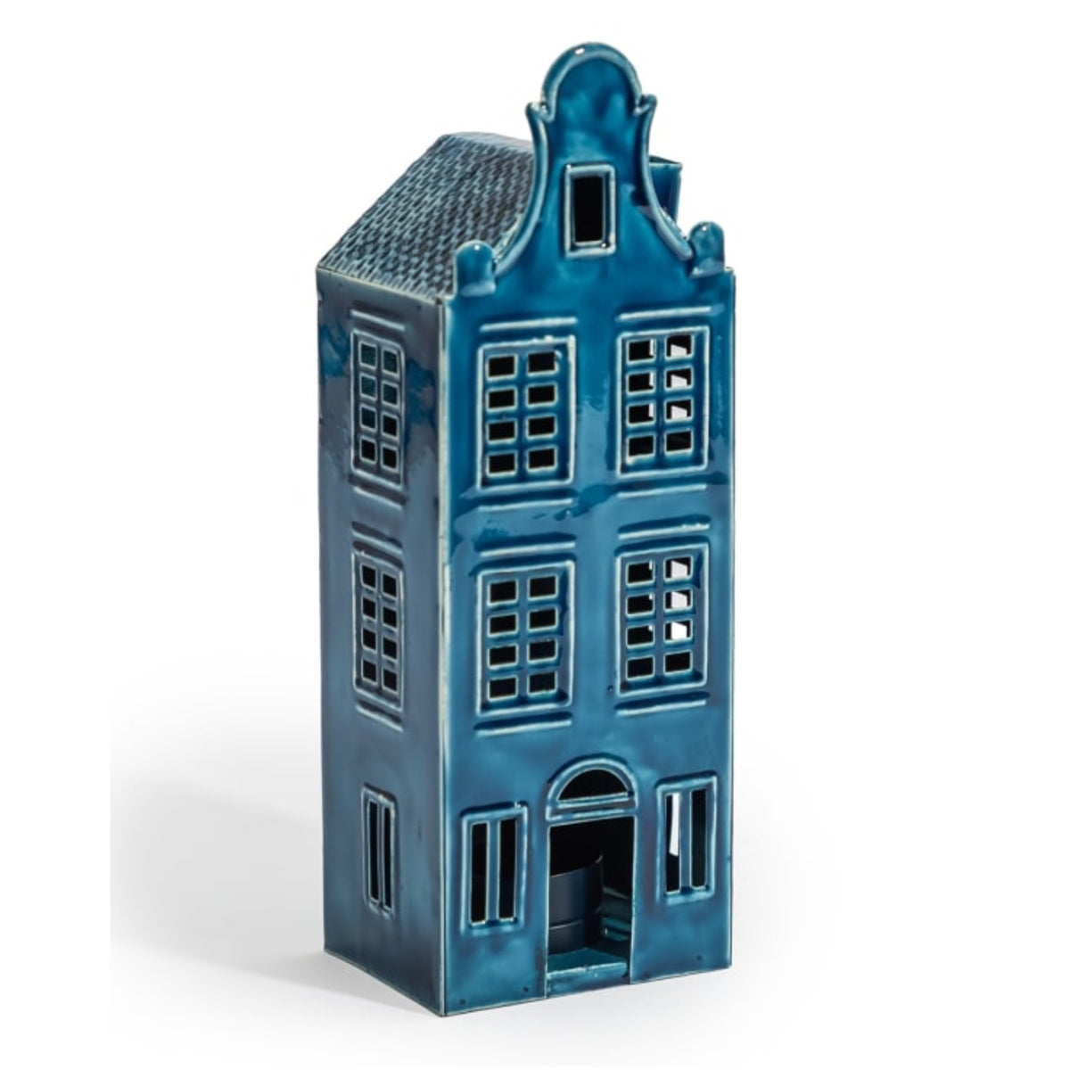 A blue ceramic Dutch house figurine with a textured glaze, featuring detailed window cutouts and a stepped gable, set against a plain white background.