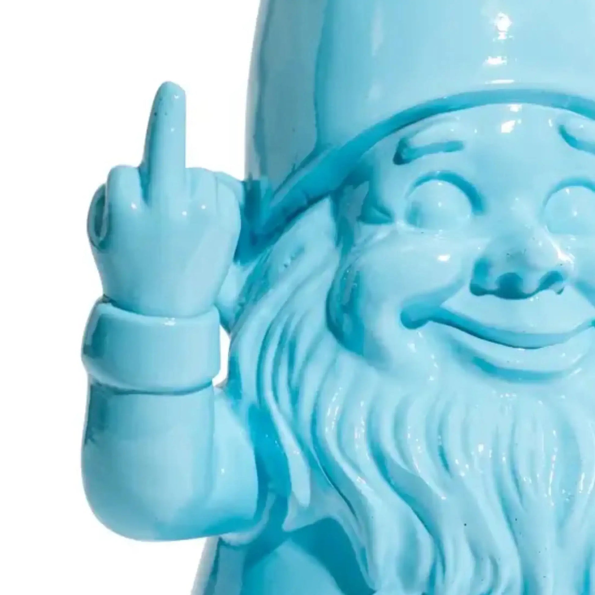 Blue gnome figurine making a middle finger gesture on a white background