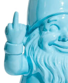 Blue gnome figurine making a middle finger gesture on a white background
