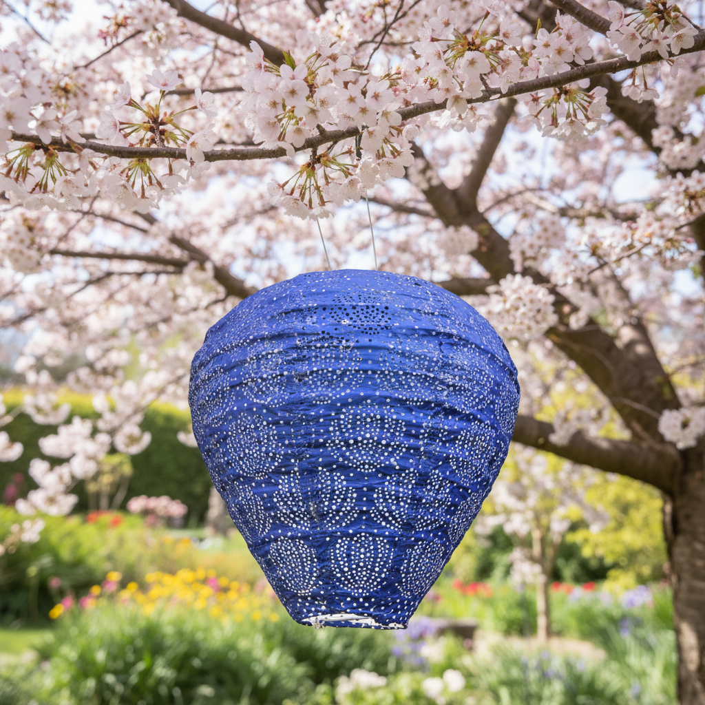 Blue decorative lantern hanging in front of cherry blossom trees