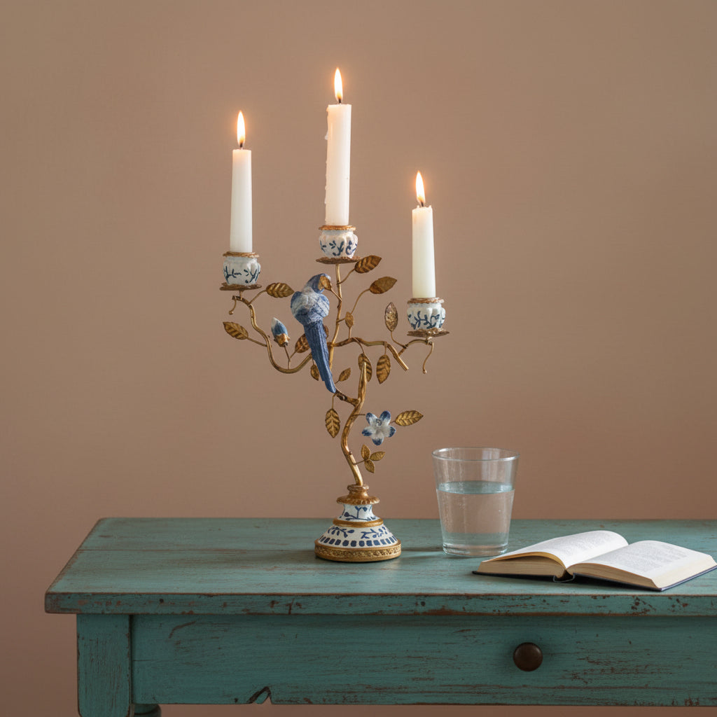 A decorative three-arm candelabra with a gold-toned branch and bird motif, decorated with blue and white porcelain-style accents, holding three lit white taper candles on a rustic wooden table. An open book and a glass of water sit beside it against a warm beige wall.