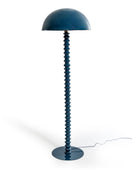 A modern floor lamp with a dark blue dome-shaped shade, a long screw-thread-like stem, and a round base, shown on a white background.